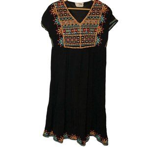 SAVANNA JANE Womens Embroidered Black Dress Boho Tribal Small S